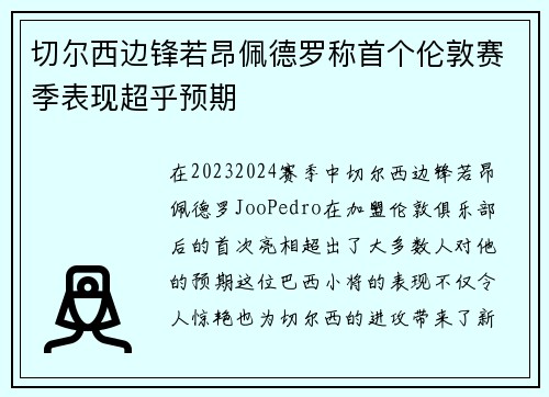 切尔西边锋若昂佩德罗称首个伦敦赛季表现超乎预期